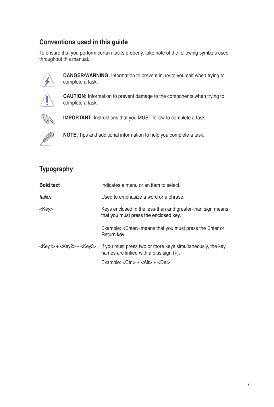Conventions used in this guide, Typography | Asus M5A97 EVO User Manual | Page 9 / 132