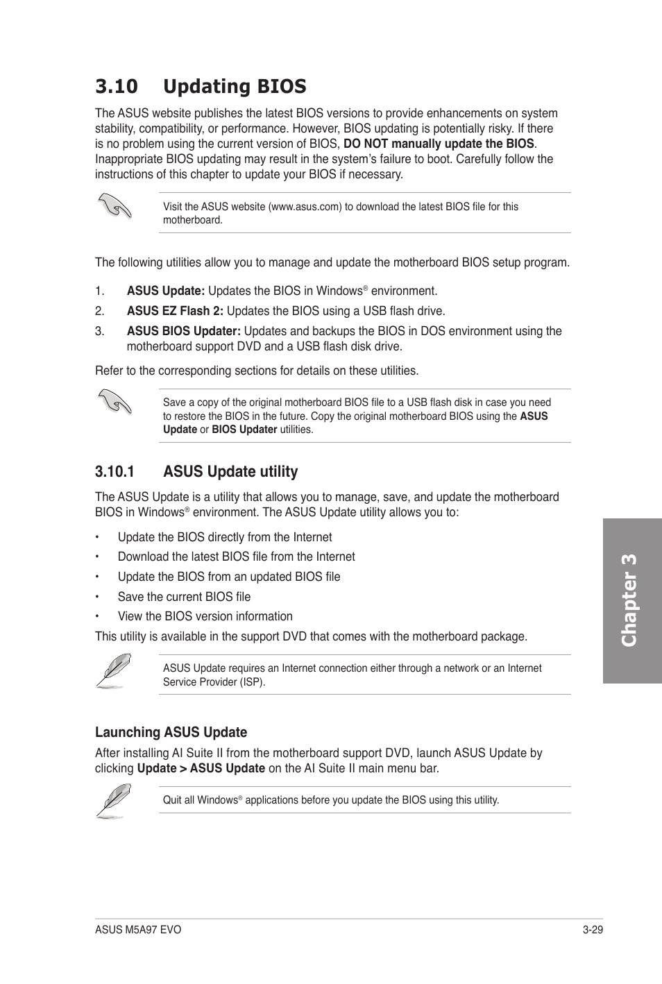 10 updating bios, 1 asus update utility, Updating bios -29 3.10.1 | Asus update utility -29, Chapter 3 3.10 updating bios | Asus M5A97 EVO User Manual | Page 93 / 132