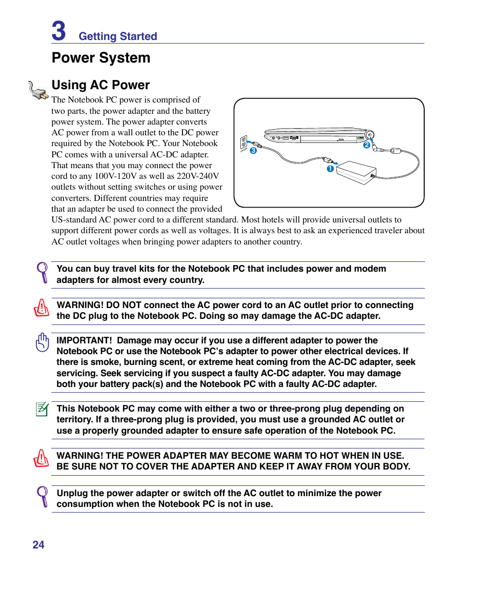 Power system, Using ac power | Asus U50F User Manual | Page 24 / 90