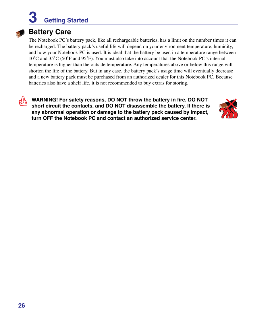 Battery care | Asus U50F User Manual | Page 26 / 90
