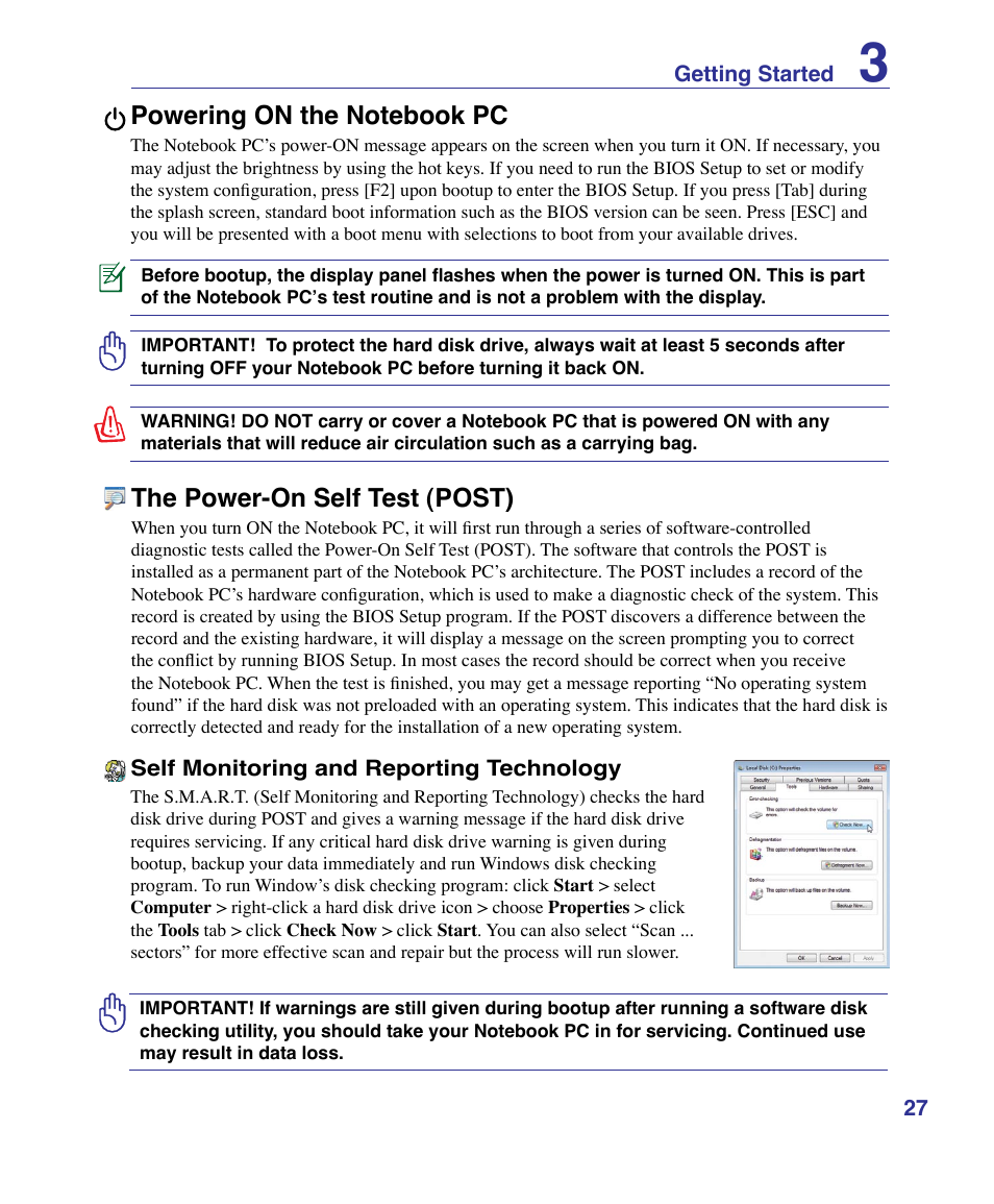 Powering on the notebook pc, The power-on self test (post) | Asus U50F User Manual | Page 27 / 90