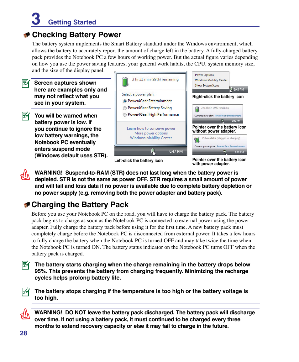 Checking battery power, Charging the battery pack | Asus U50F User Manual | Page 28 / 90