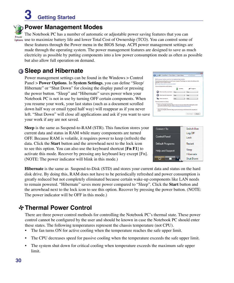 Power management modes, Sleep and hibernate, Thermal power control | Asus U50F User Manual | Page 30 / 90