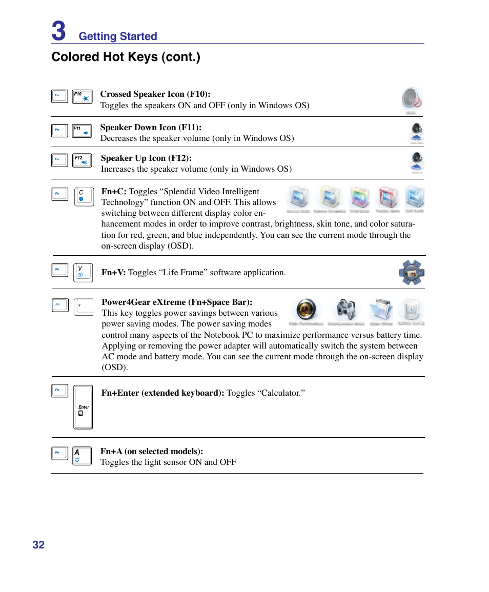 Colored hot keys (cont.) | Asus U50F User Manual | Page 32 / 90