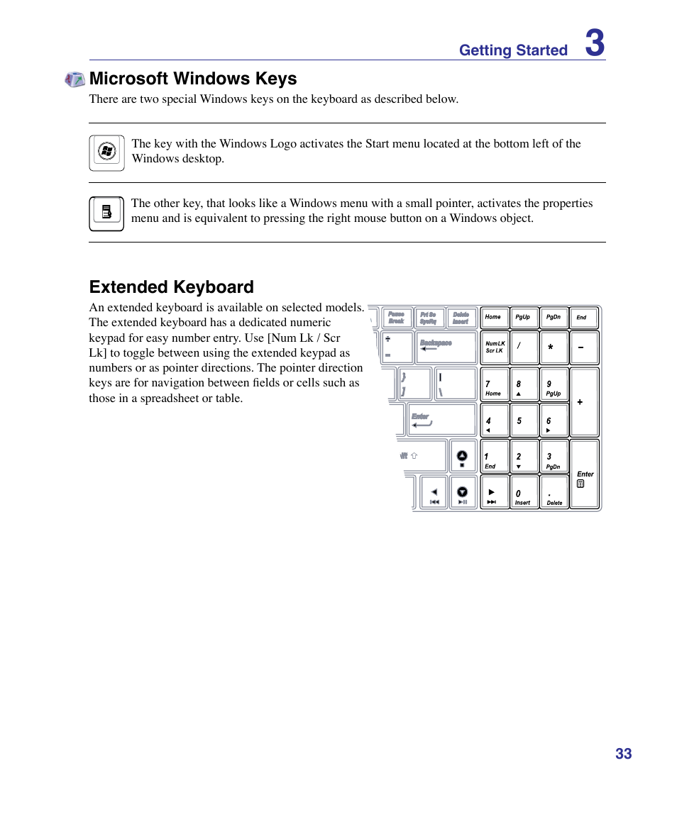 Extended keyboard, Microsoft windows keys | Asus U50F User Manual | Page 33 / 90