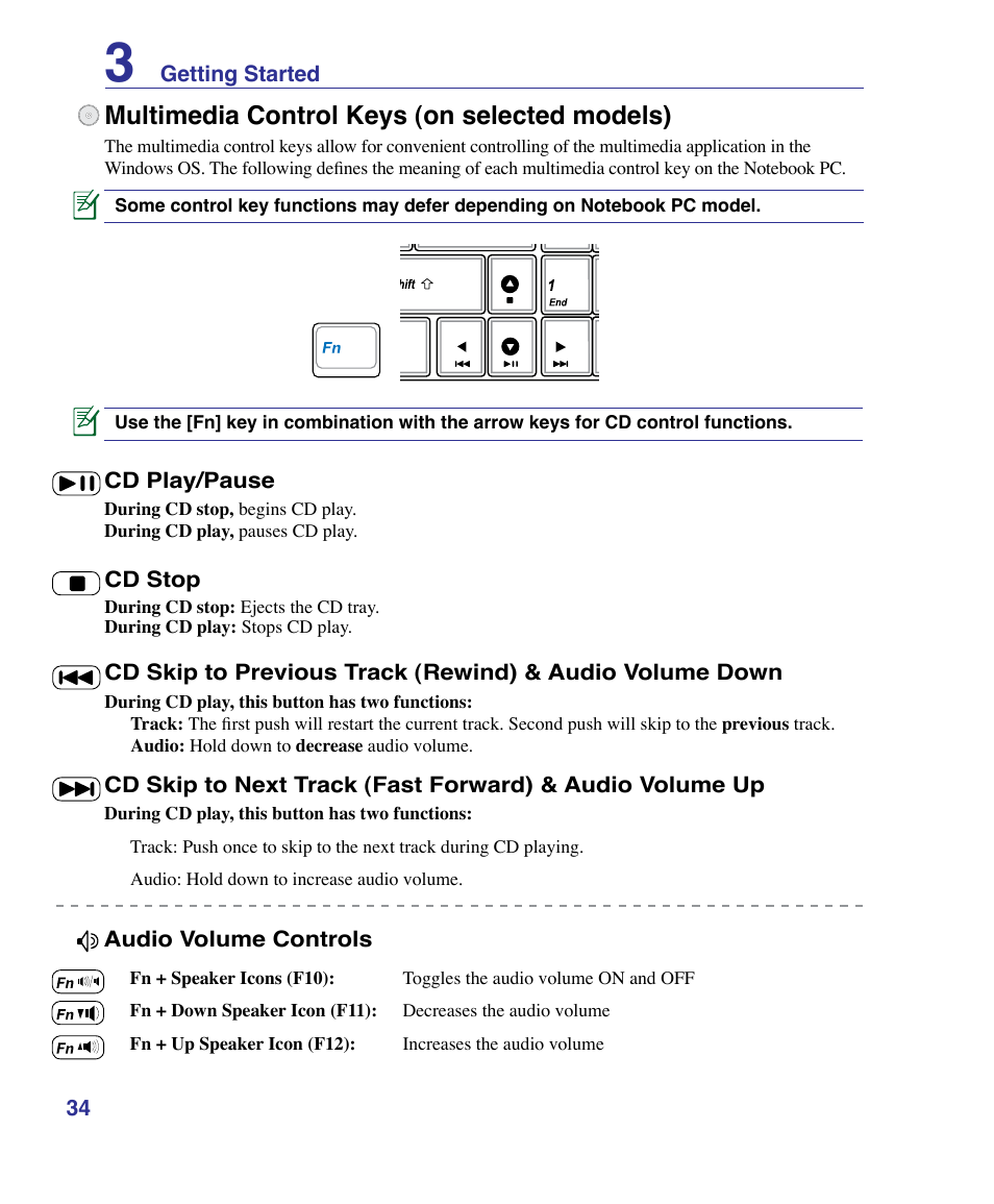 Multimedia control keys (on selected models) | Asus U50F User Manual | Page 34 / 90