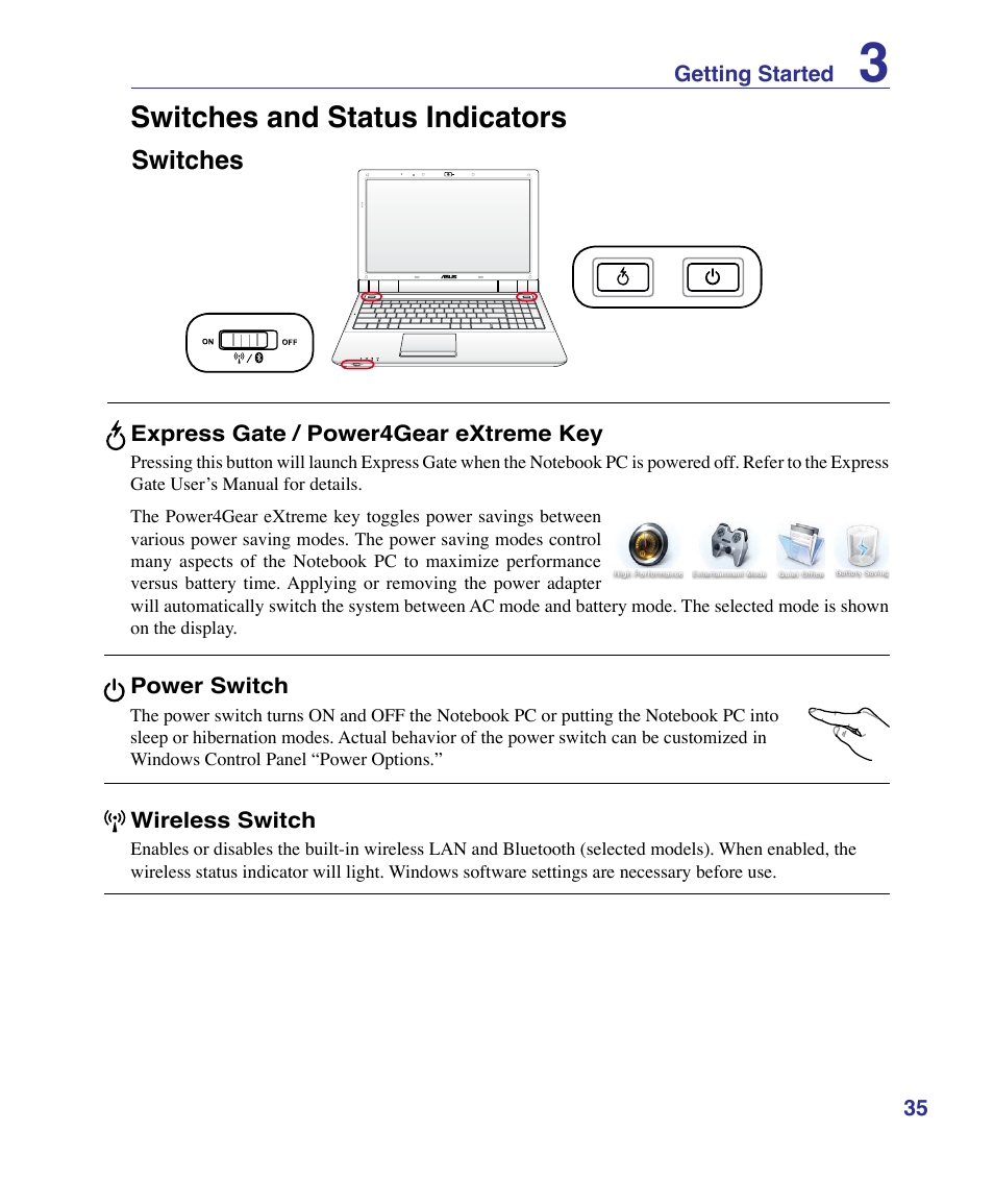 Switches and status indicators, Switches | Asus U50F User Manual | Page 35 / 90