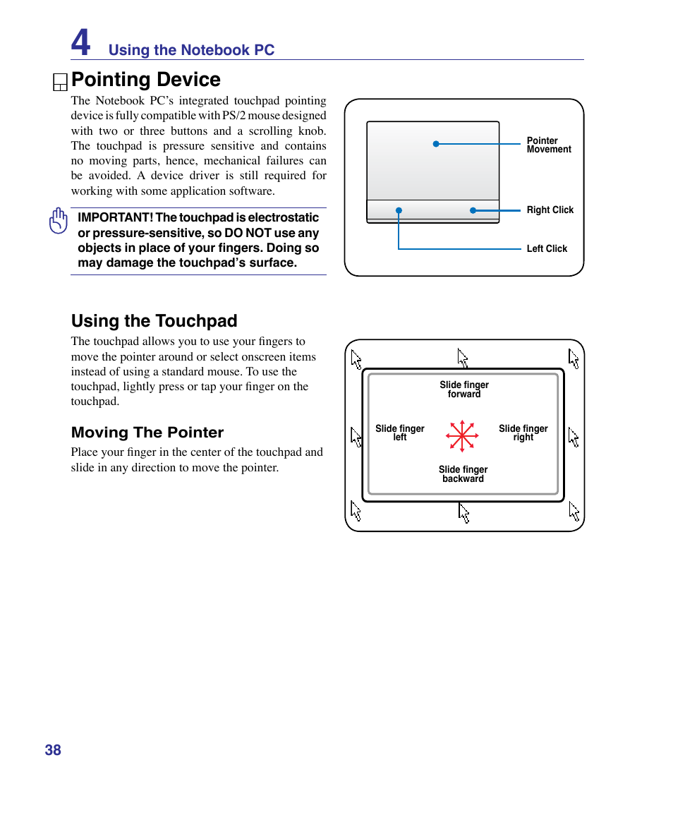 Pointing device, Using the touchpad | Asus U50F User Manual | Page 38 / 90