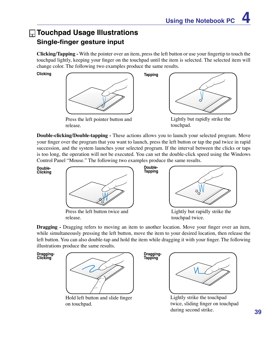 Touchpad usage illustrations | Asus U50F User Manual | Page 39 / 90