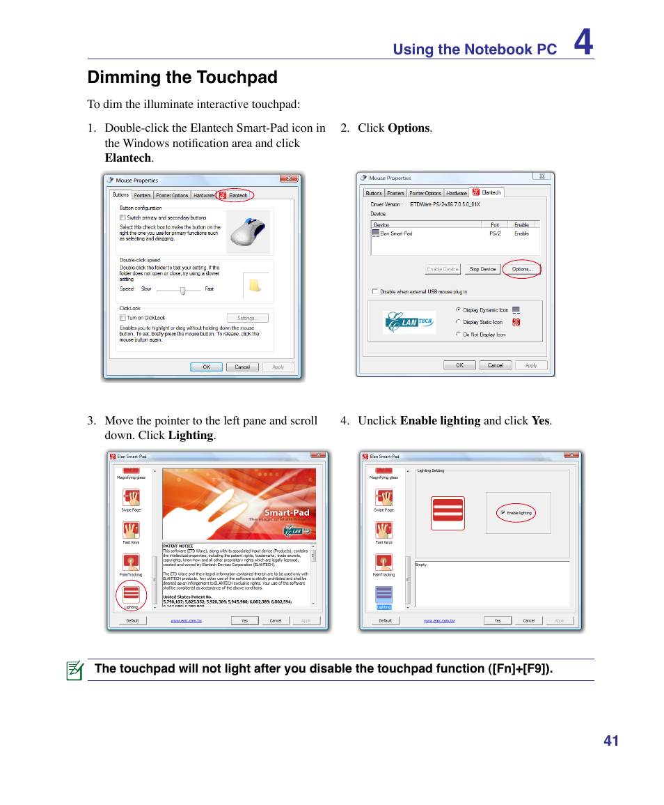 Dimming the touchpad | Asus U50F User Manual | Page 41 / 90