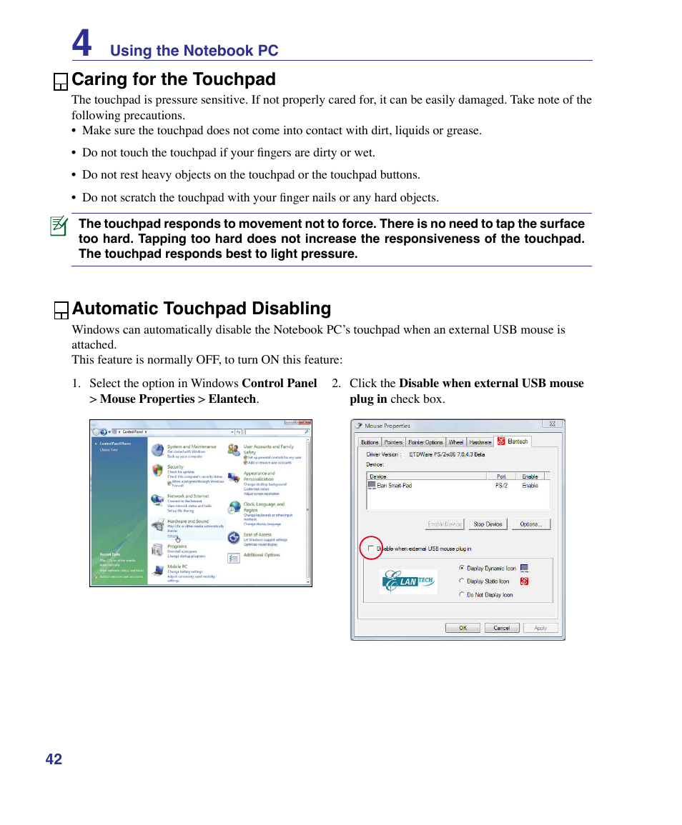 Caring for the touchpad, Automatic touchpad disabling | Asus U50F User Manual | Page 42 / 90