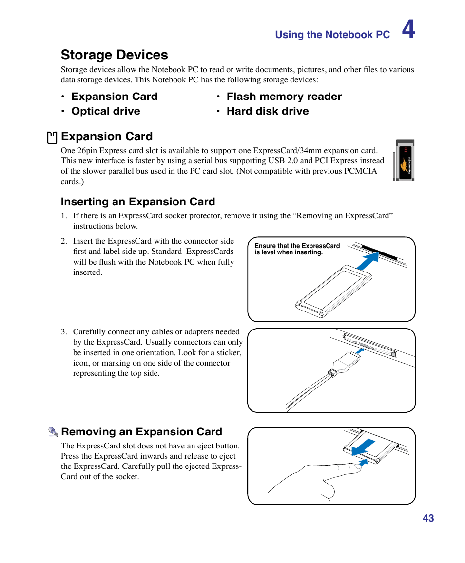 Storage devices, Expansion card | Asus U50F User Manual | Page 43 / 90