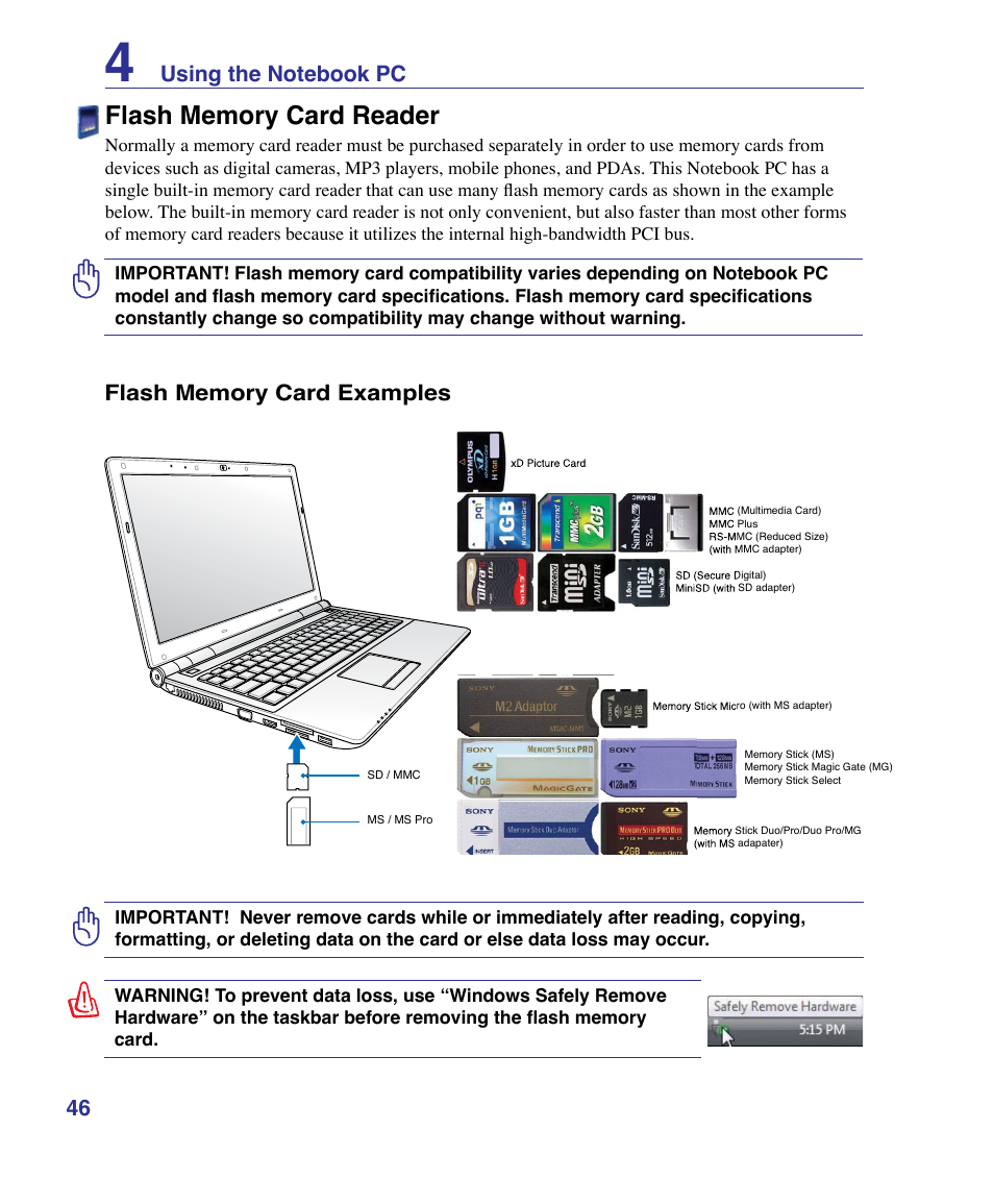 Flash memory card reader | Asus U50F User Manual | Page 46 / 90