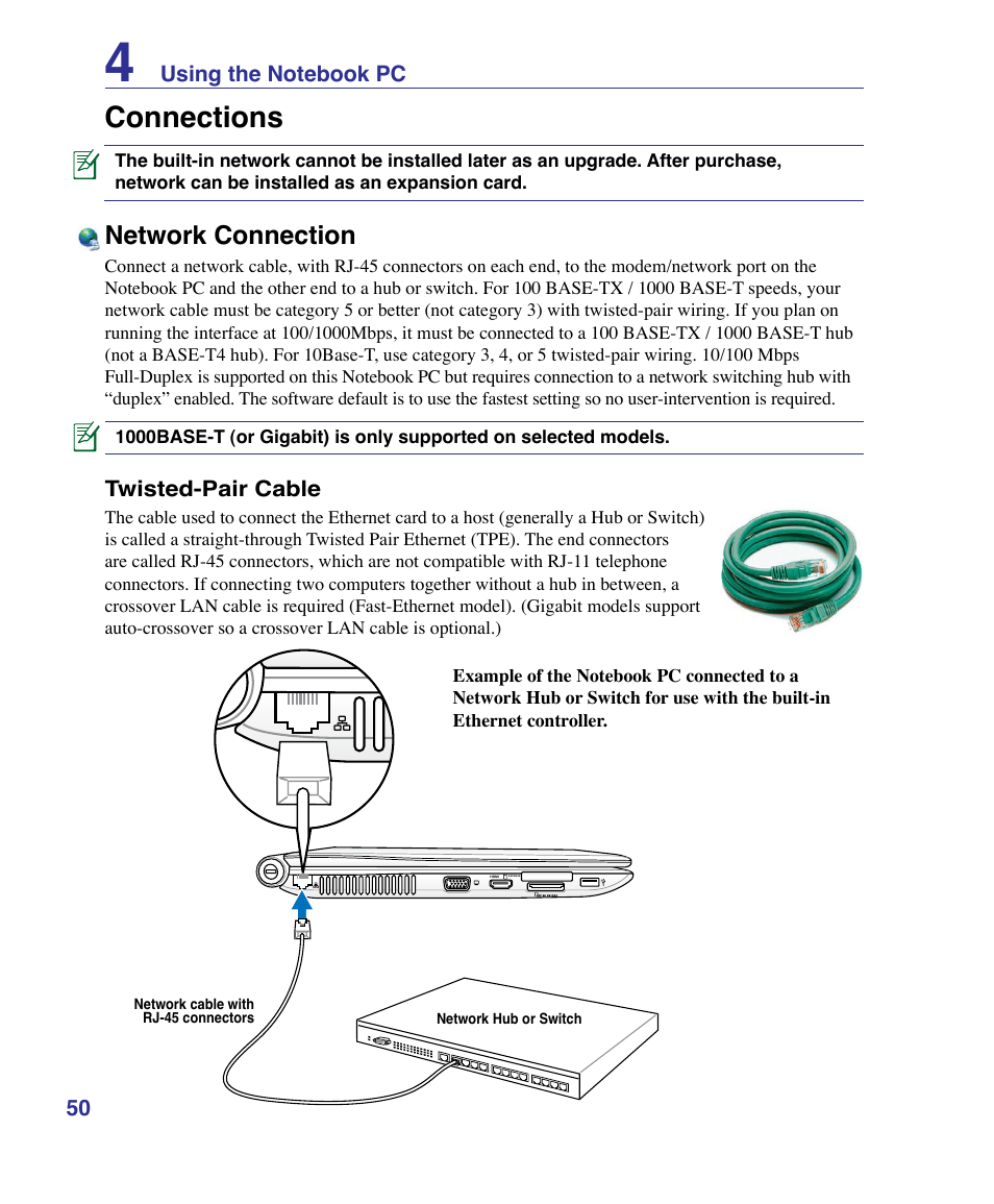 Connections, Network connection | Asus U50F User Manual | Page 50 / 90