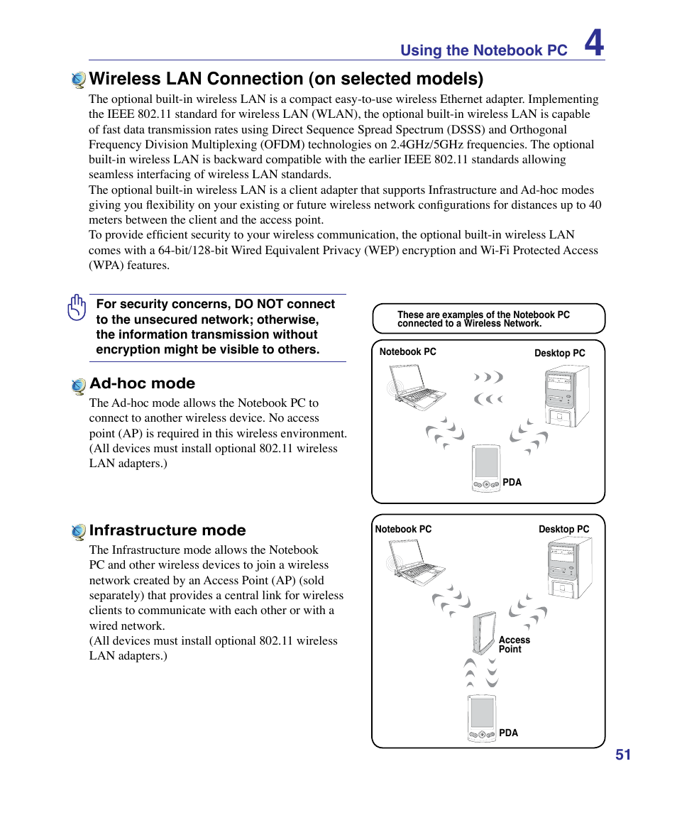 Wireless lan connection (on selected models) | Asus U50F User Manual | Page 51 / 90