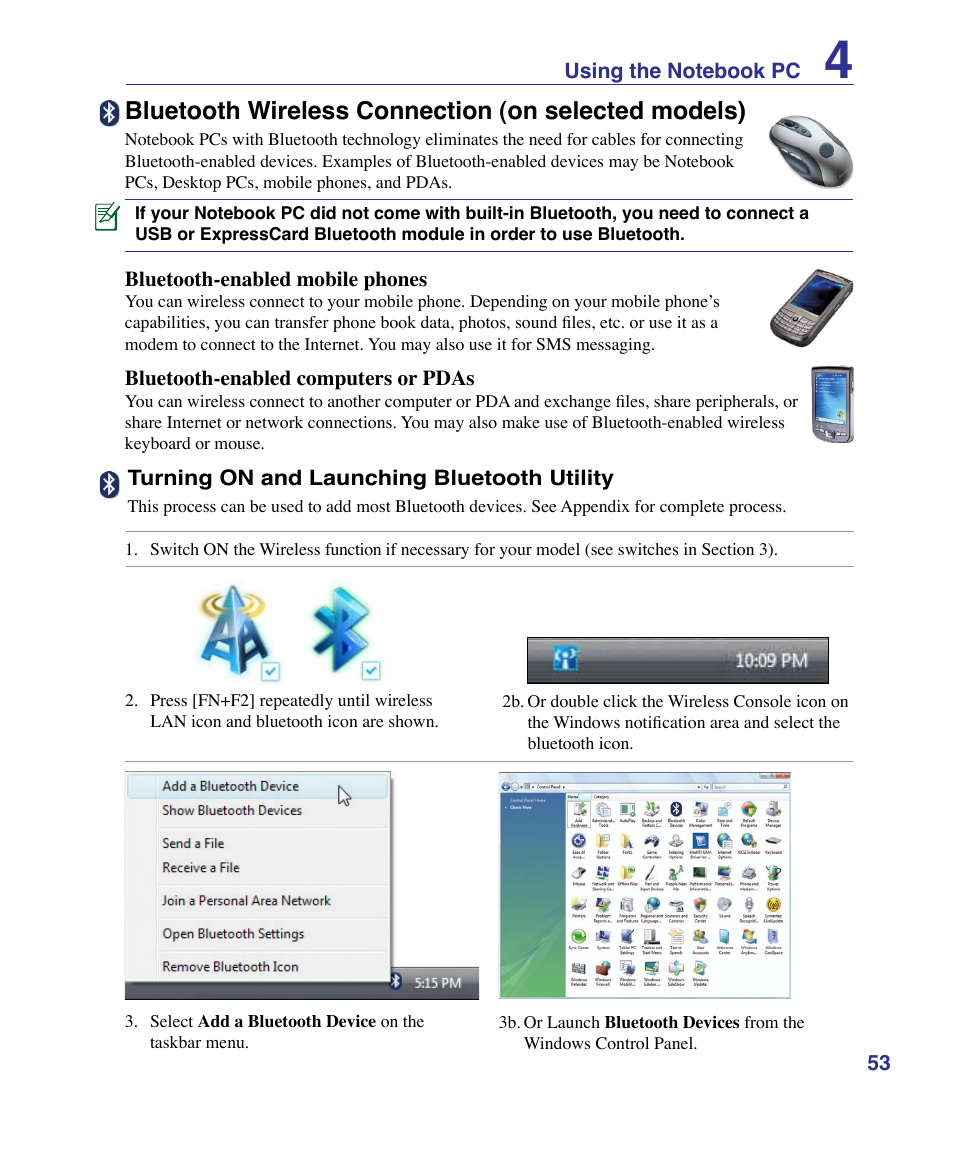 Bluetooth wireless connection (on selected models) | Asus U50F User Manual | Page 53 / 90