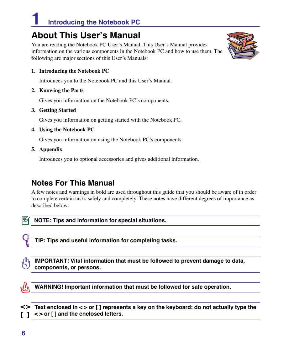About this user’s manual, Notes for this manual | Asus U50F User Manual | Page 6 / 90