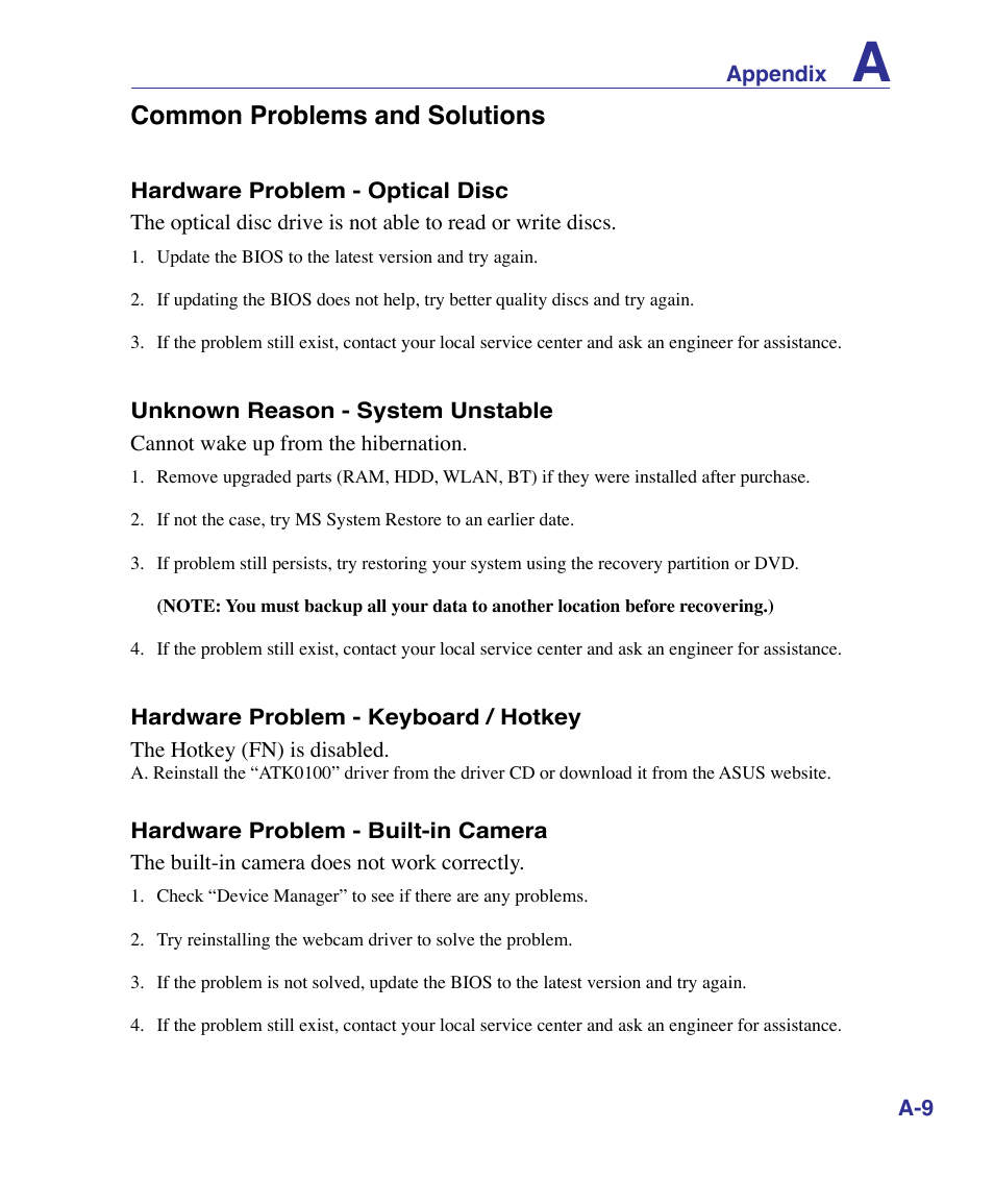 Common problems and solutions | Asus U50F User Manual | Page 63 / 90