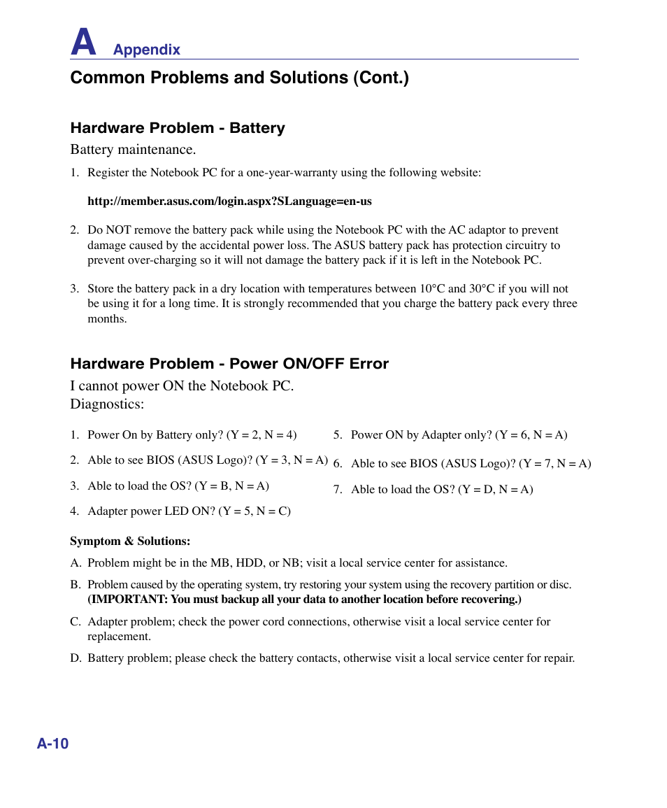 Common problems and solutions (cont.) | Asus U50F User Manual | Page 64 / 90