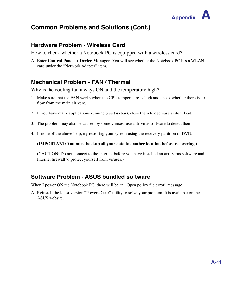 Common problems and solutions (cont.) | Asus U50F User Manual | Page 65 / 90