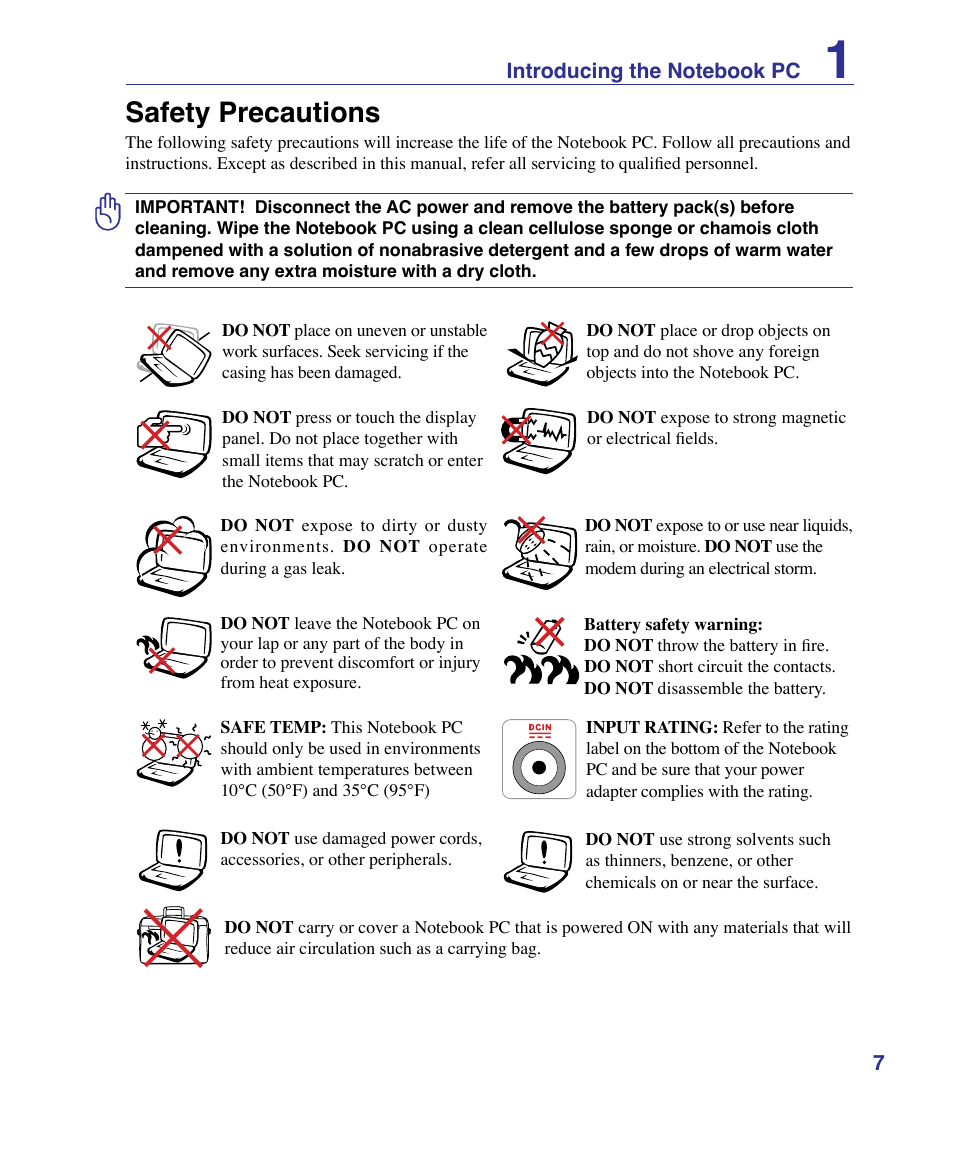 Safety precautions | Asus U50F User Manual | Page 7 / 90