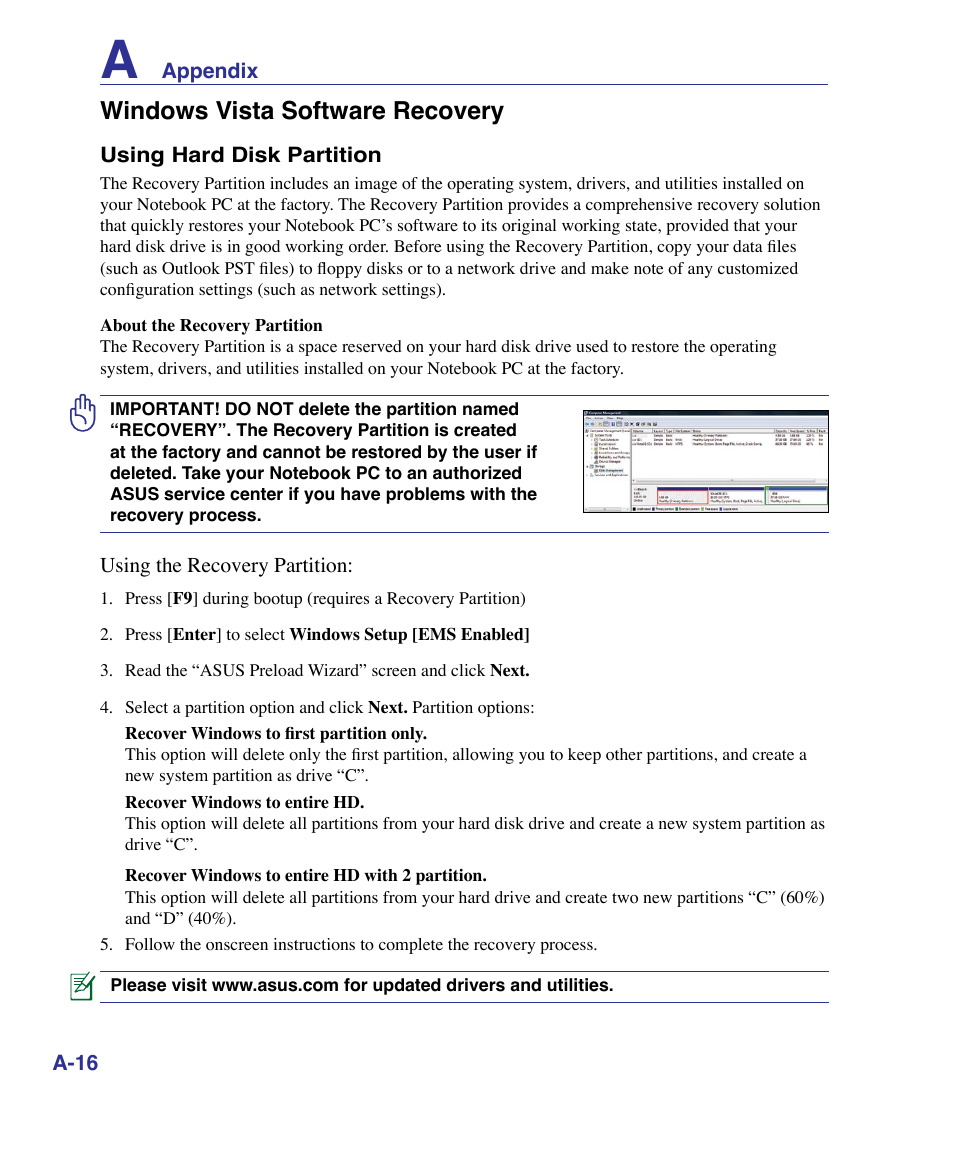 Windows vista software recovery | Asus U50F User Manual | Page 70 / 90