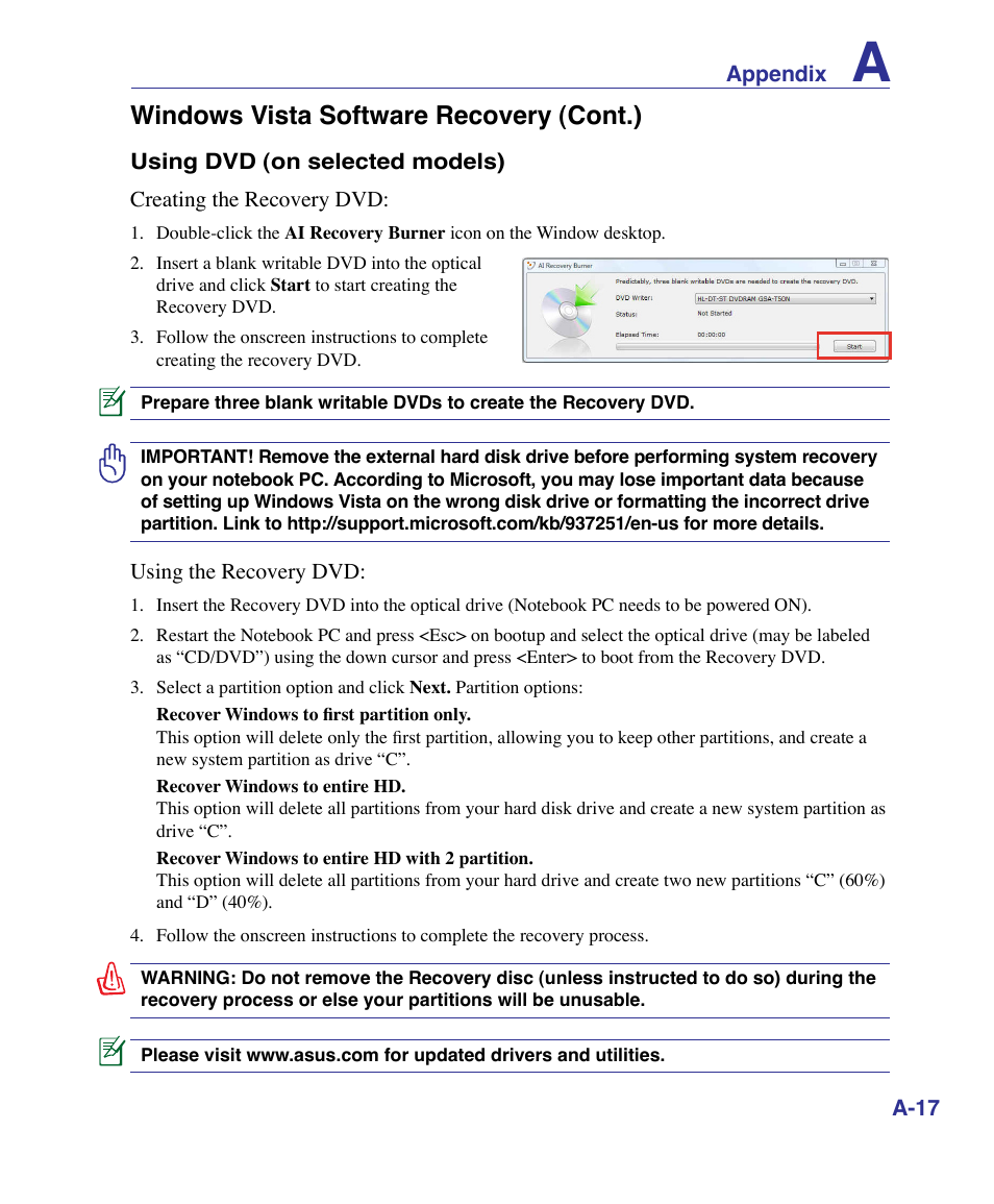 Windows vista software recovery (cont.) | Asus U50F User Manual | Page 71 / 90