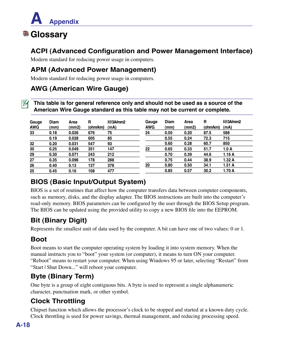 Glossary, Apm (advanced power management), Awg (american wire gauge) | Bios (basic input/output system), Bit (binary digit), Boot, Byte (binary term), Clock throttling, Appendix | Asus U50F User Manual | Page 72 / 90