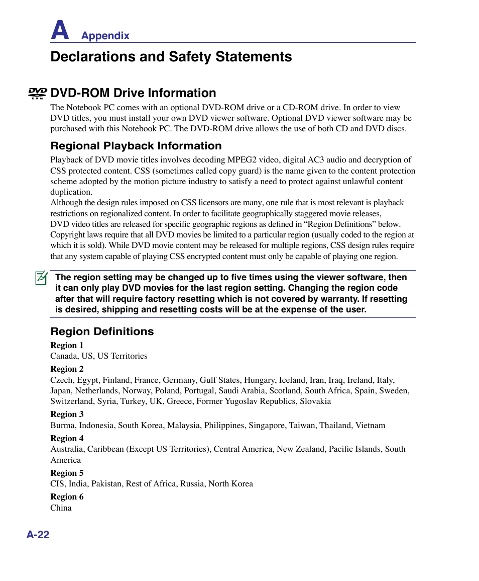 Declarations and safety statements, Dvd-rom drive information | Asus U50F User Manual | Page 76 / 90