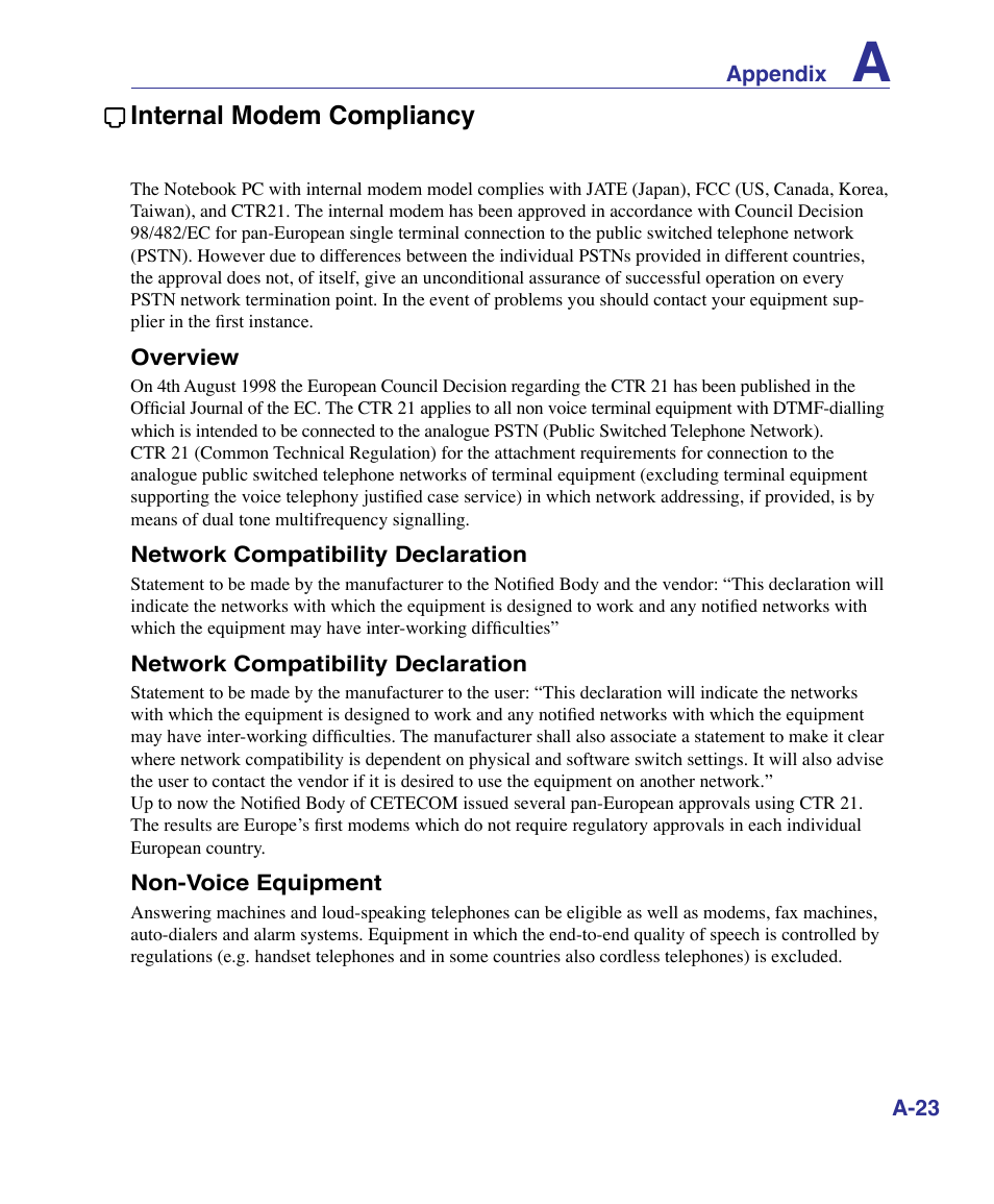Internal modem compliancy | Asus U50F User Manual | Page 77 / 90