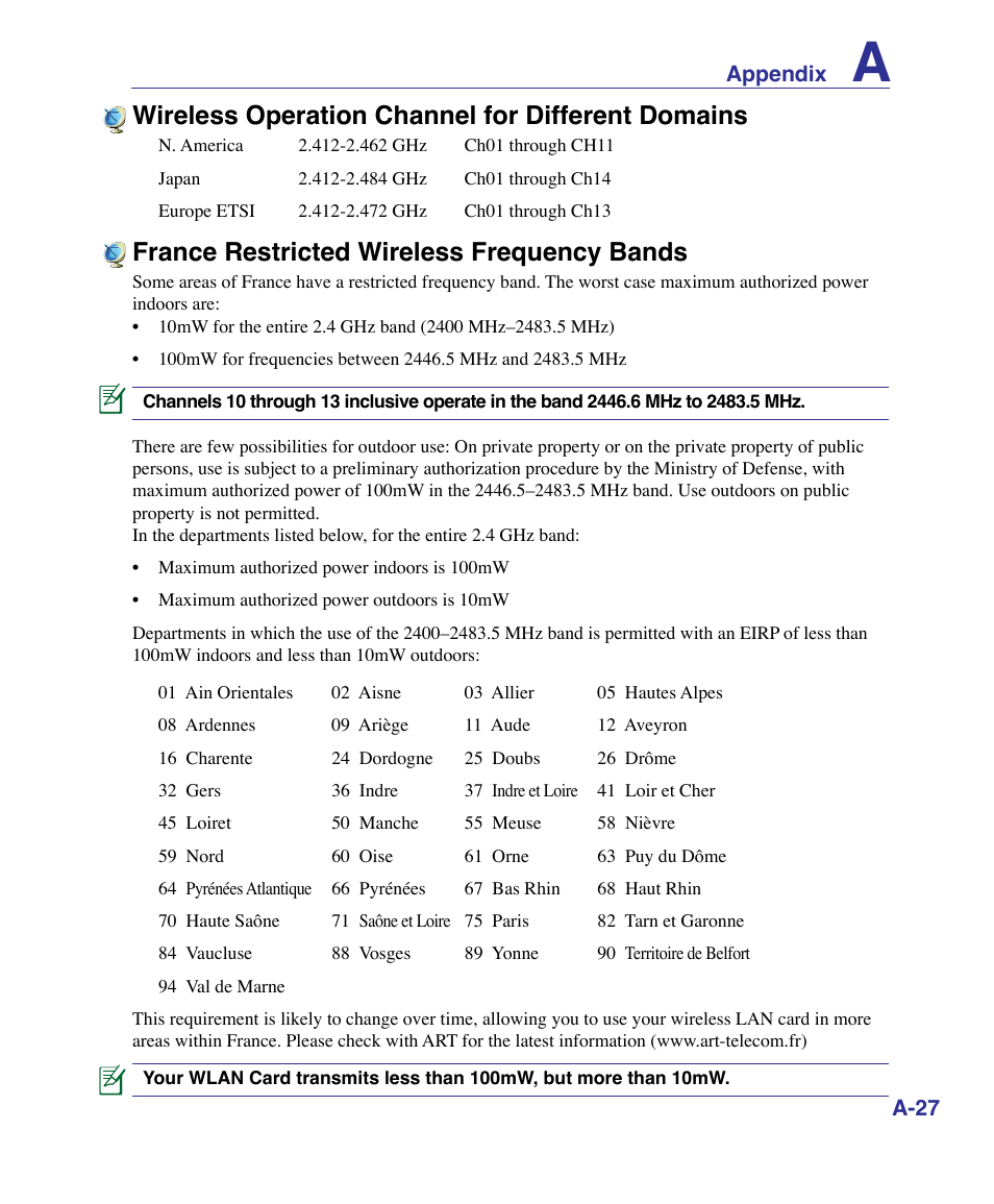 France restricted wireless frequency bands, Wireless operation channel for different domains | Asus U50F User Manual | Page 81 / 90