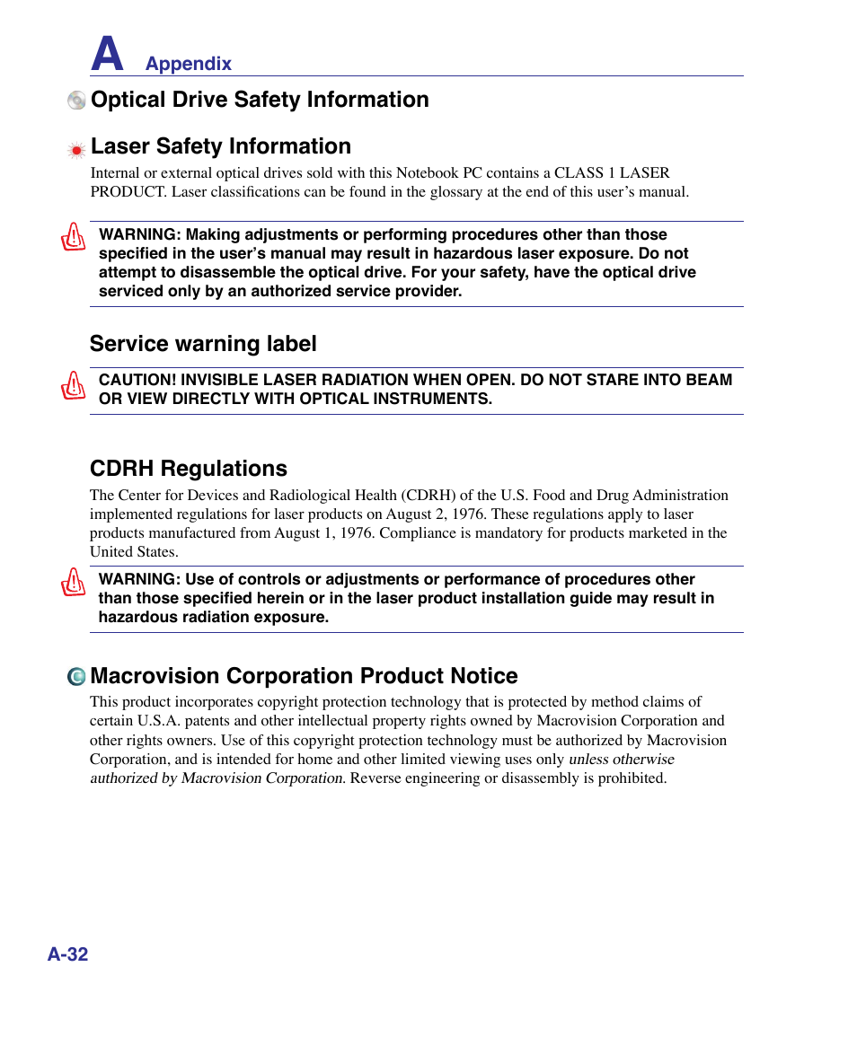 Service warning label, Cdrh regulations, Macrovision corporation product notice | Asus U50F User Manual | Page 86 / 90