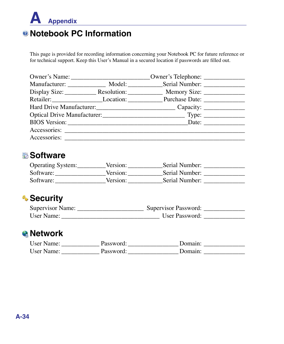 Notebook pc information, Software, Security | Network | Asus U50F User Manual | Page 88 / 90