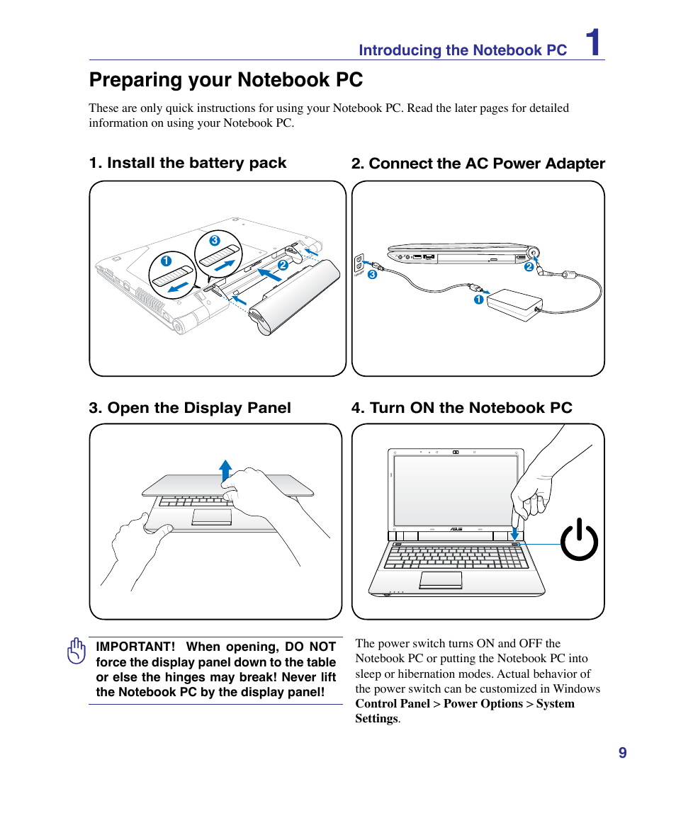 Preparing your notebook pc | Asus U50F User Manual | Page 9 / 90