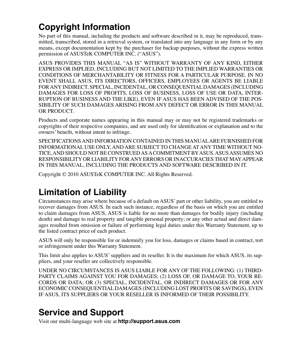 Copyright information, Limitation of liability, Service and support | Asus U50F User Manual | Page 90 / 90