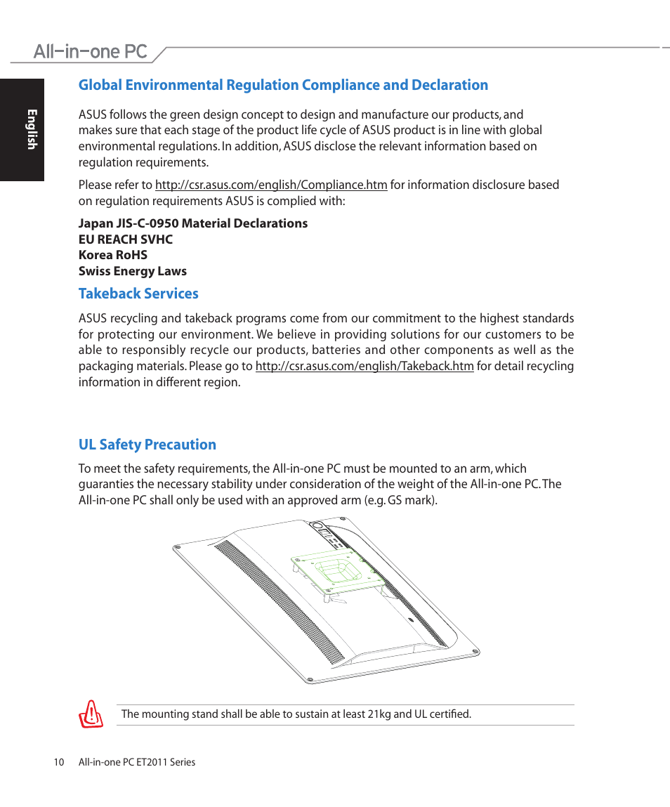 Takeback services, Ul safety precaution | Asus ET2011AGT User Manual | Page 10 / 42