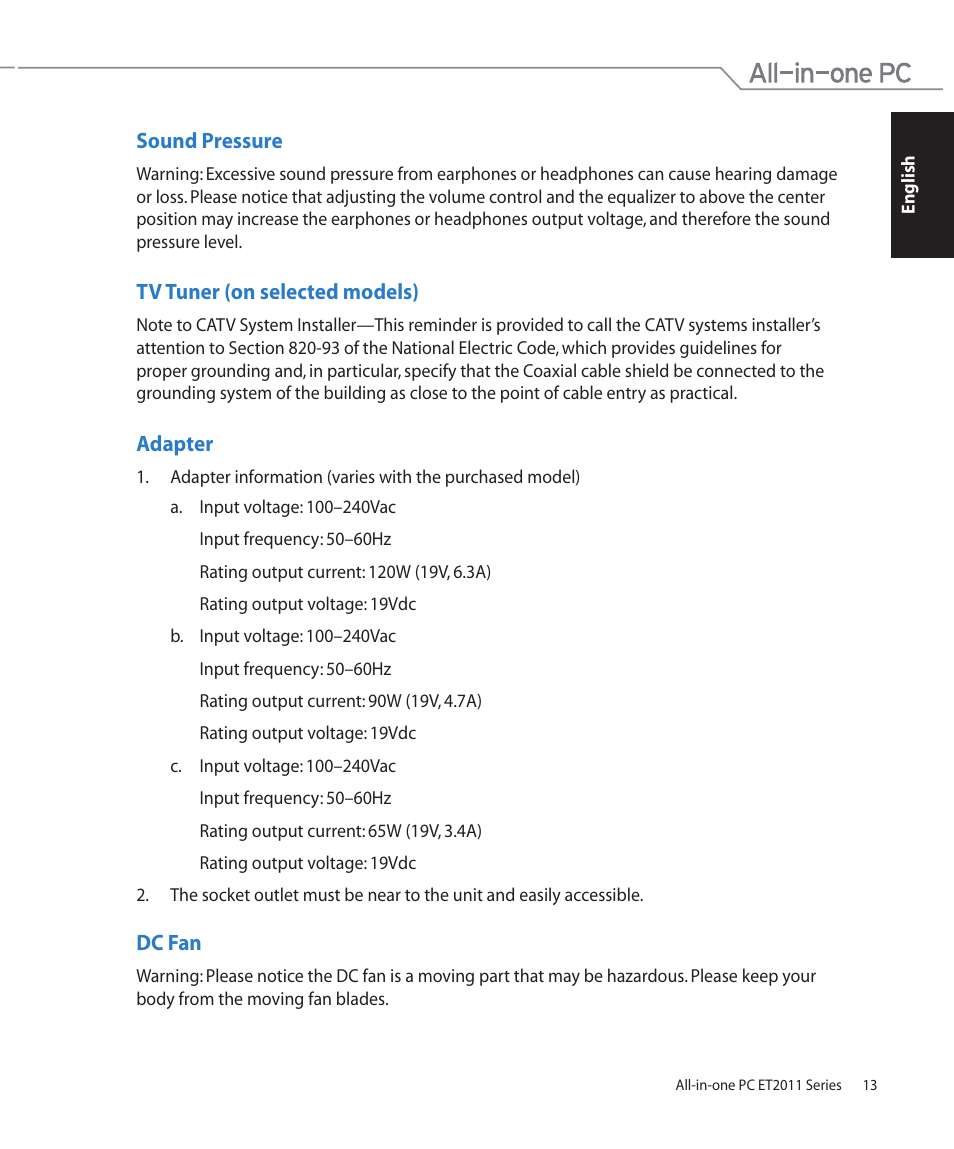 Sound pressure, Tv tuner (on selected models), Adapter | Dc fan | Asus ET2011AGT User Manual | Page 13 / 42