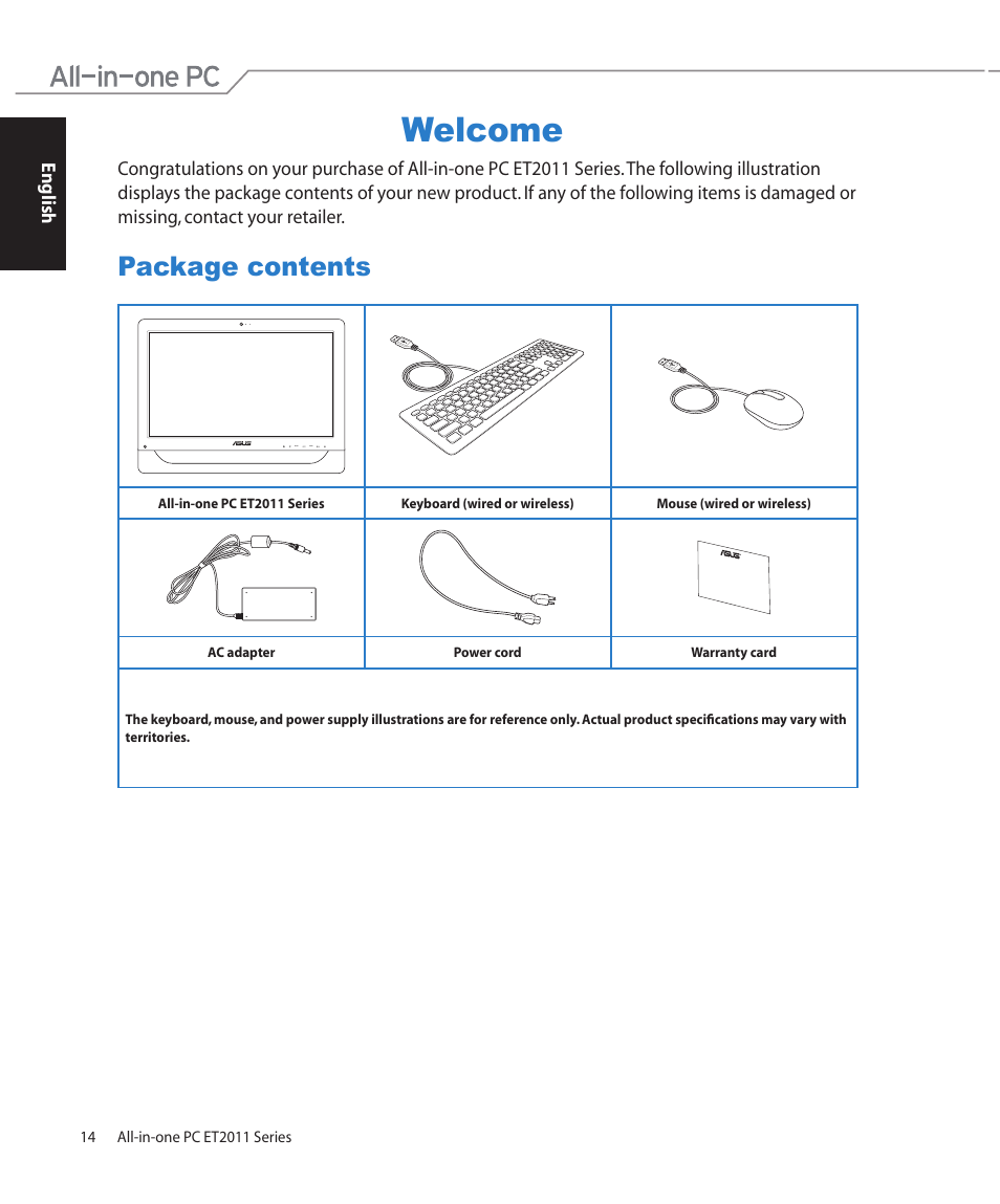 Welcome, Package contents | Asus ET2011AGT User Manual | Page 14 / 42