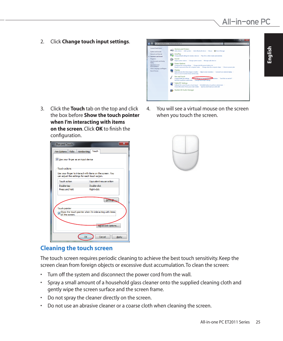 Cleaning the touch screen | Asus ET2011AGT User Manual | Page 25 / 42