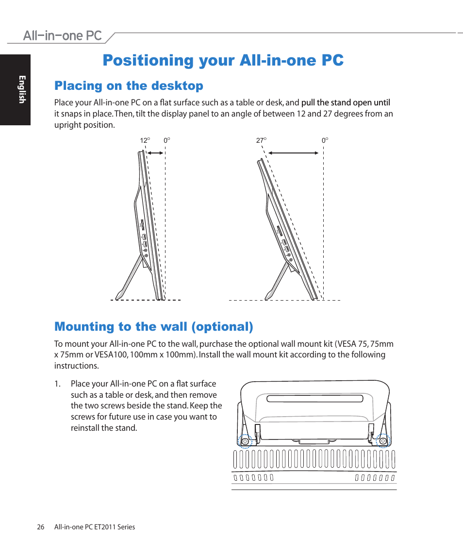 Positioning your all-in-one pc, Placing on the desktop, Mounting to the wall (optional) | Asus ET2011AGT User Manual | Page 26 / 42