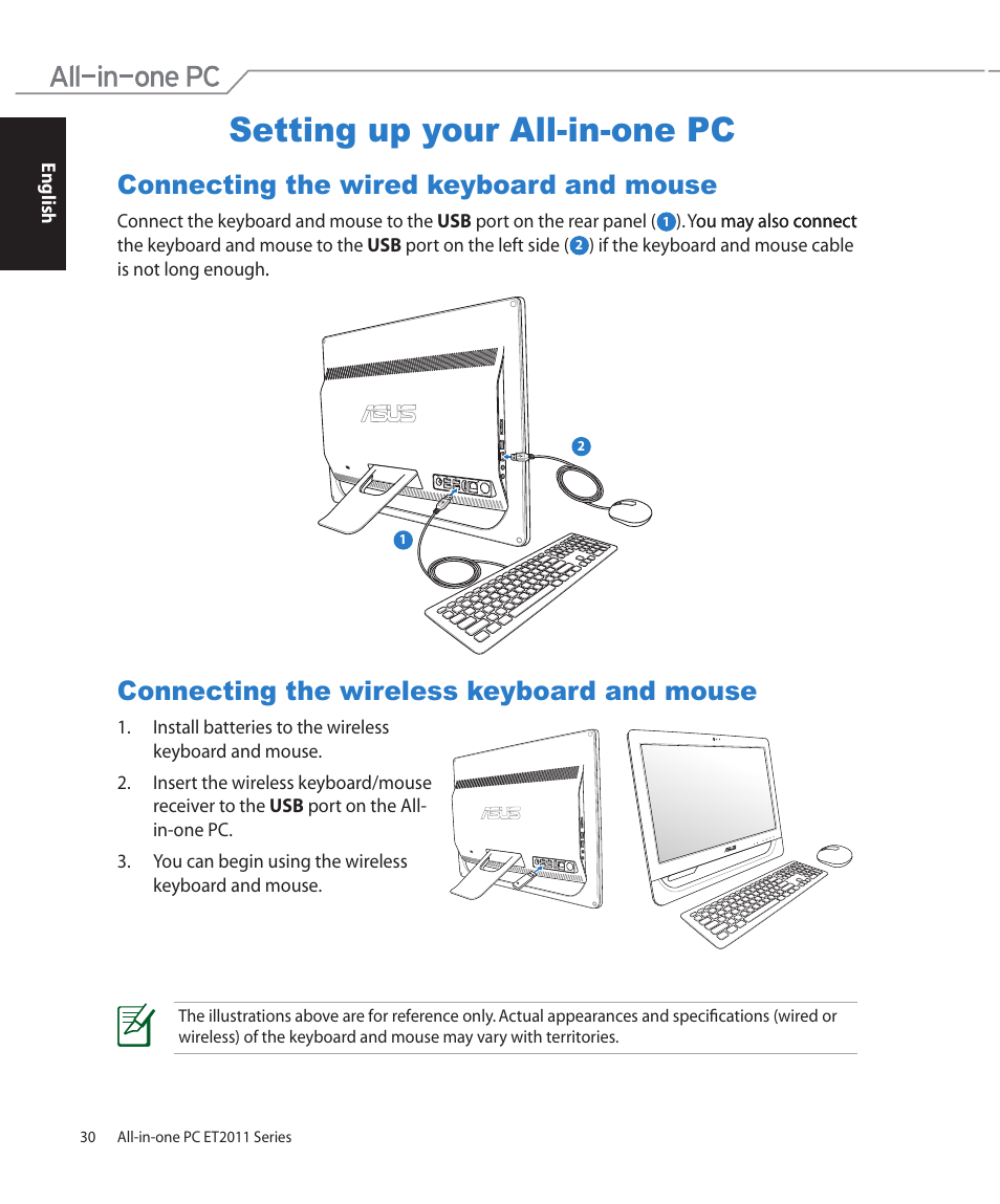 Setting up your all-in-one pc, Connecting the wired keyboard and mouse, Connecting the wireless keyboard and mouse | Asus ET2011AGT User Manual | Page 30 / 42