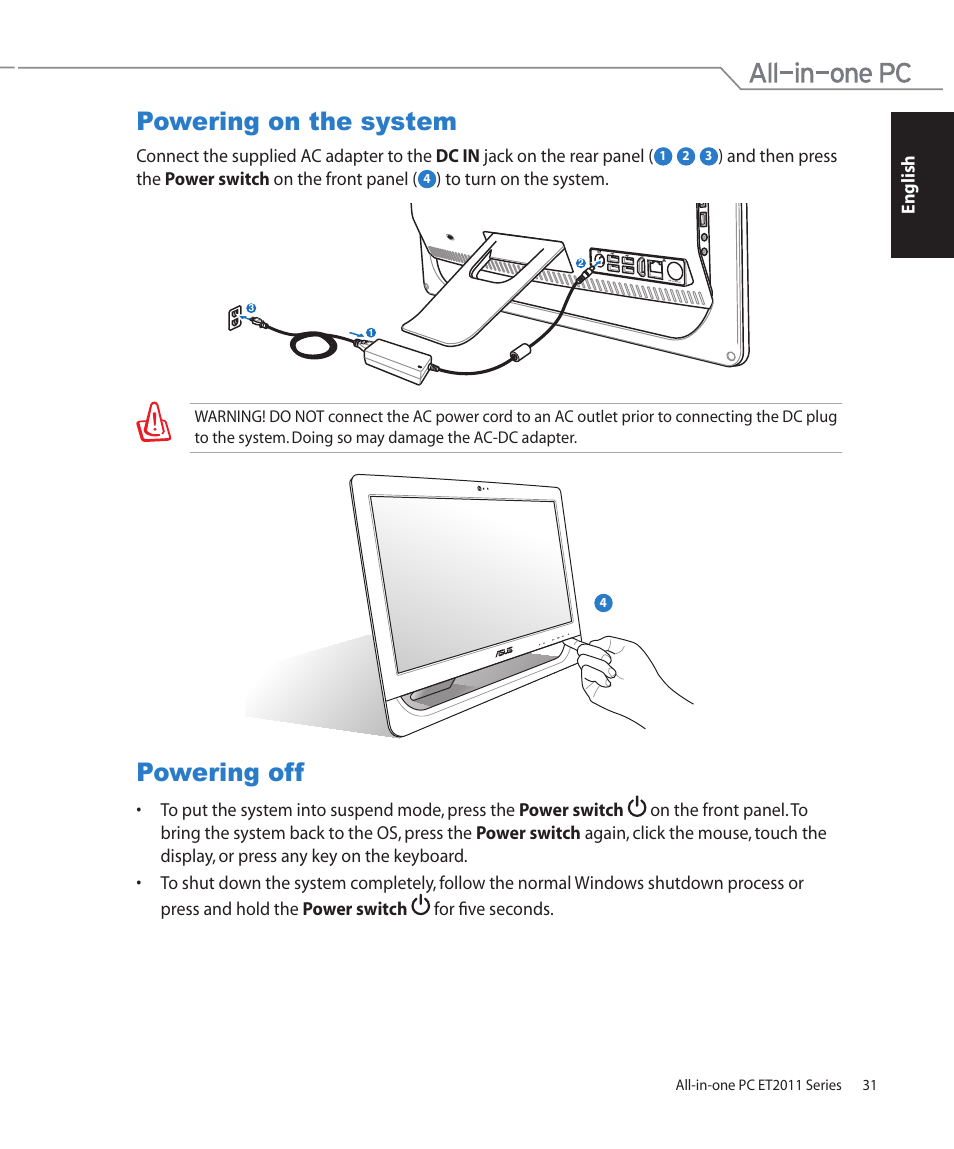 Powering on the system, Powering off, Powering on the system powering off | Asus ET2011AGT User Manual | Page 31 / 42