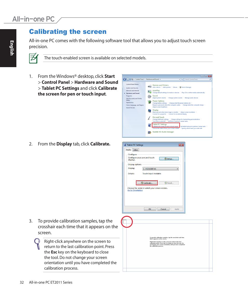 Calibrating the screen | Asus ET2011AGT User Manual | Page 32 / 42