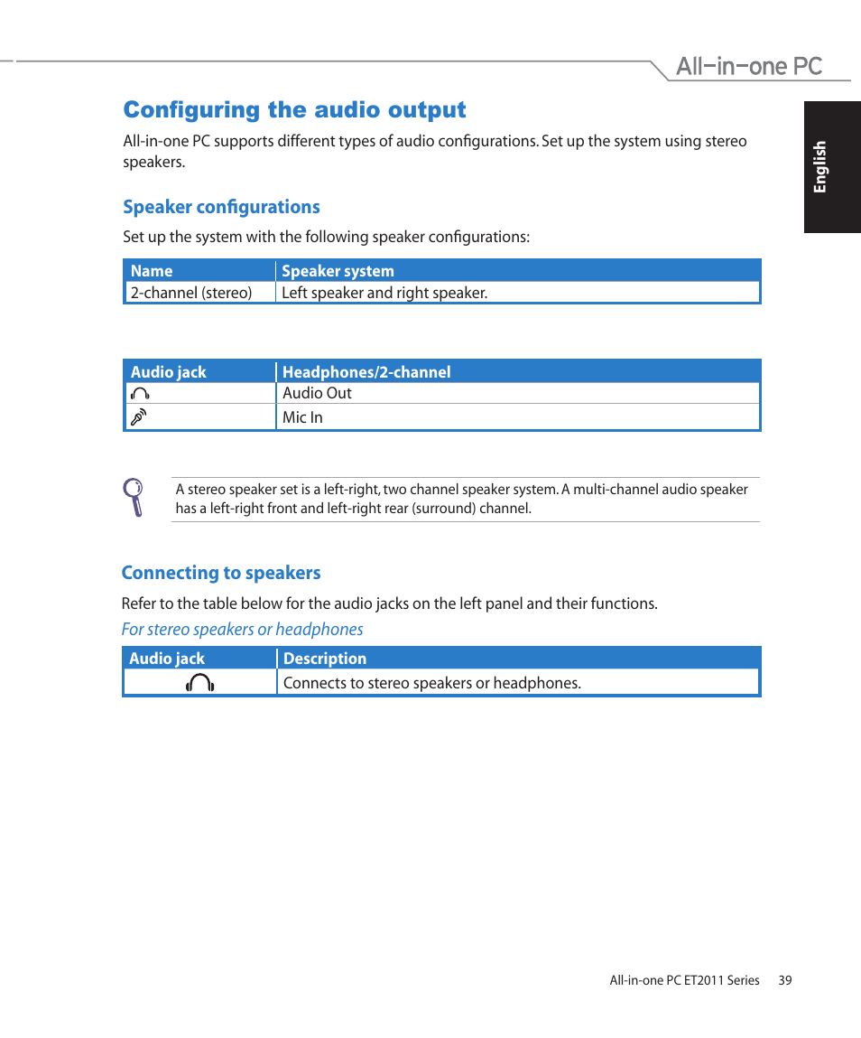 Configuring the audio output, Speaker configurations, Connecting to speakers | Speaker configurations connecting to speakers | Asus ET2011AGT User Manual | Page 39 / 42