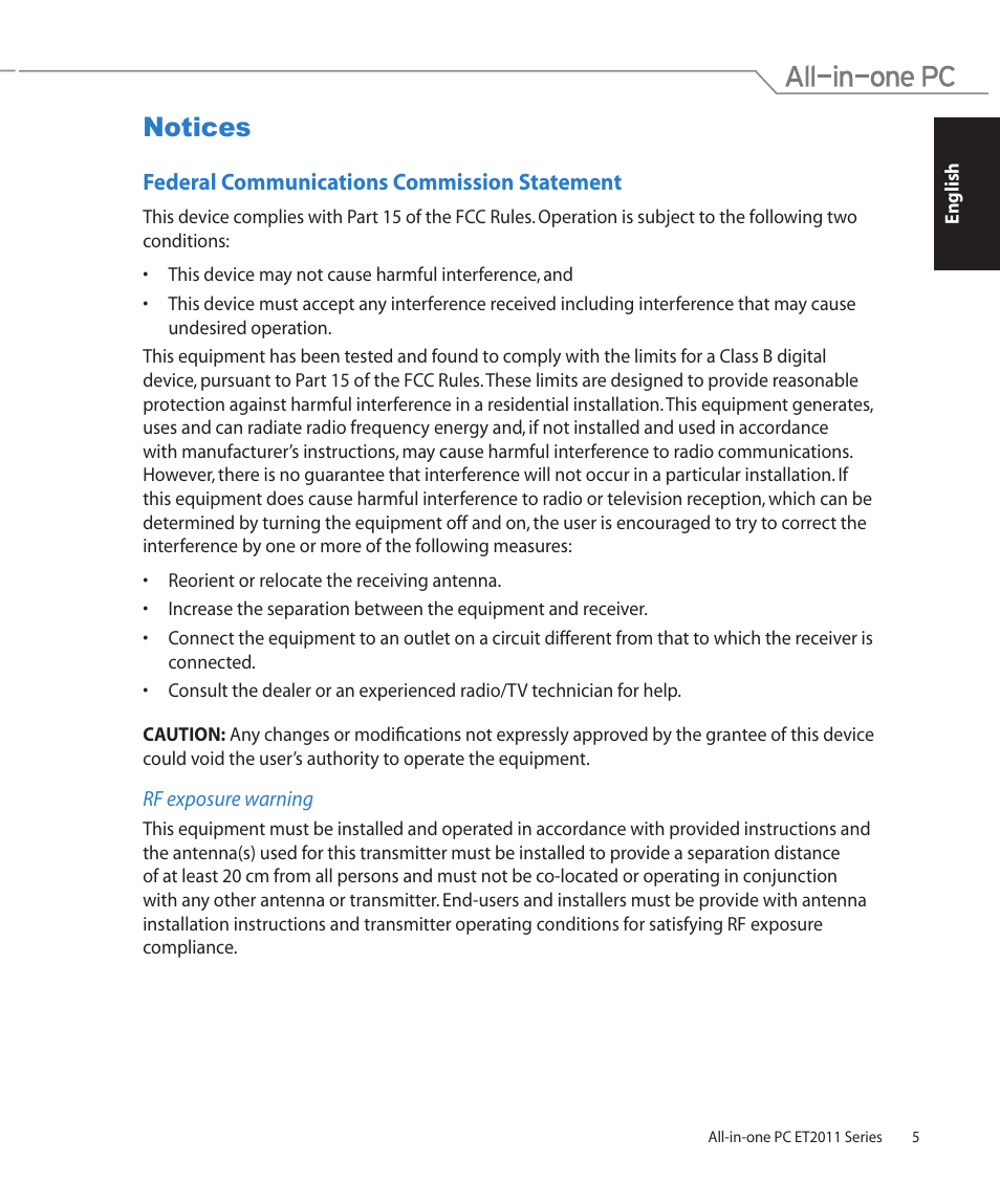 Notices, Federal communications commission statement | Asus ET2011AGT User Manual | Page 5 / 42