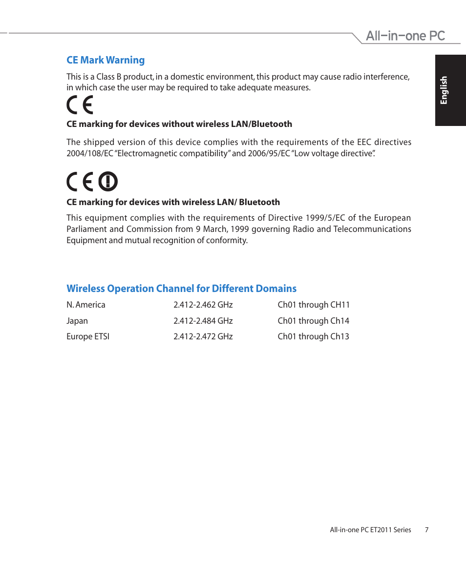 Ce mark warning, Wireless operation channel for different domains | Asus ET2011AGT User Manual | Page 7 / 42