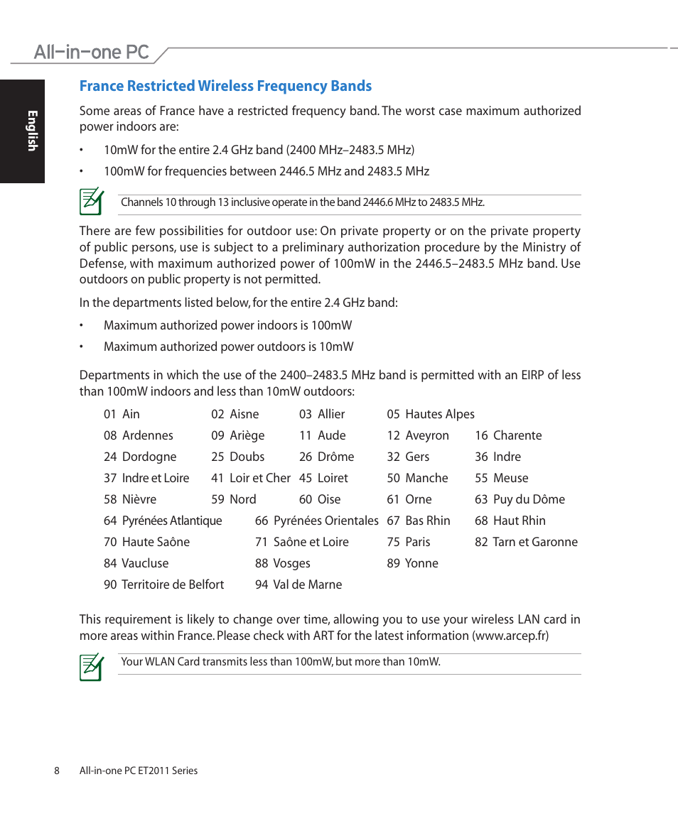 France restricted wireless frequency bands | Asus ET2011AGT User Manual | Page 8 / 42