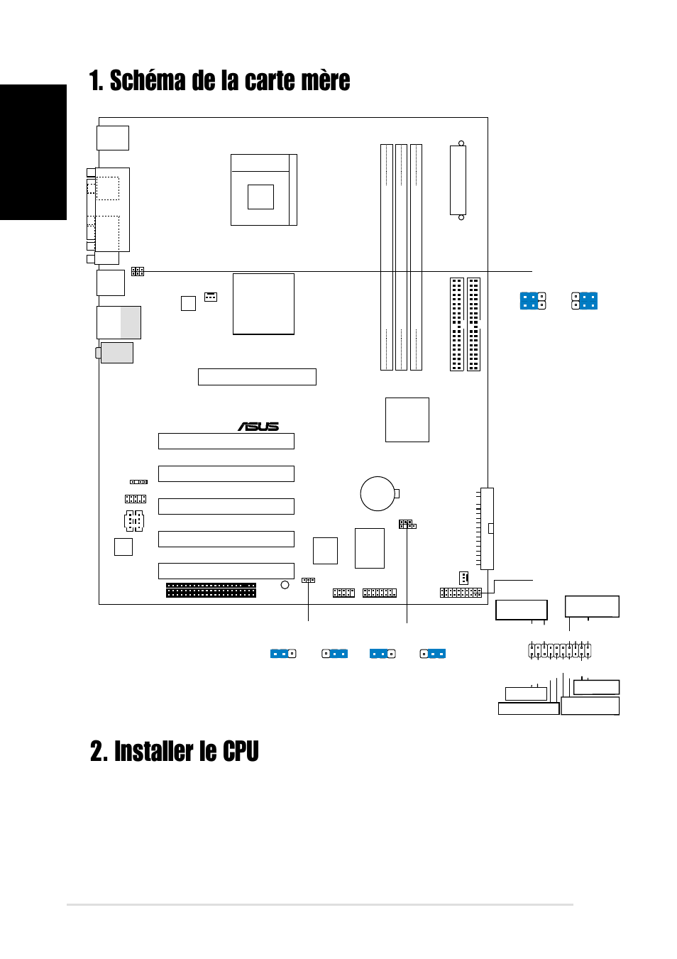 Installer le cpu, Schéma de la carte mère, Français | Carte mère asus p4s800, Sis 648fx chip, Pci1, Pci2 pci3 pci4 pci5, Panel | Asus P4S800 User Manual | Page 2 / 16