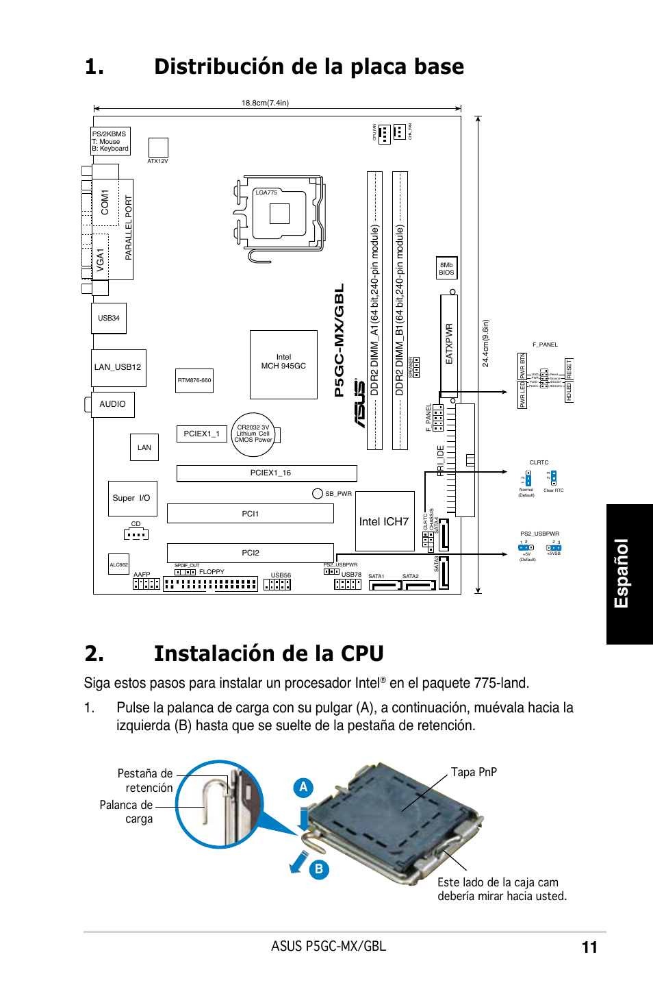 Español, Siga estos pasos para instalar un procesador intel, Asus p5gc-mx/gbl | Ab b, P5gc-mx/gbl, Intel ich7 | Asus P5GC-MX/GBL User Manual | Page 11 / 38