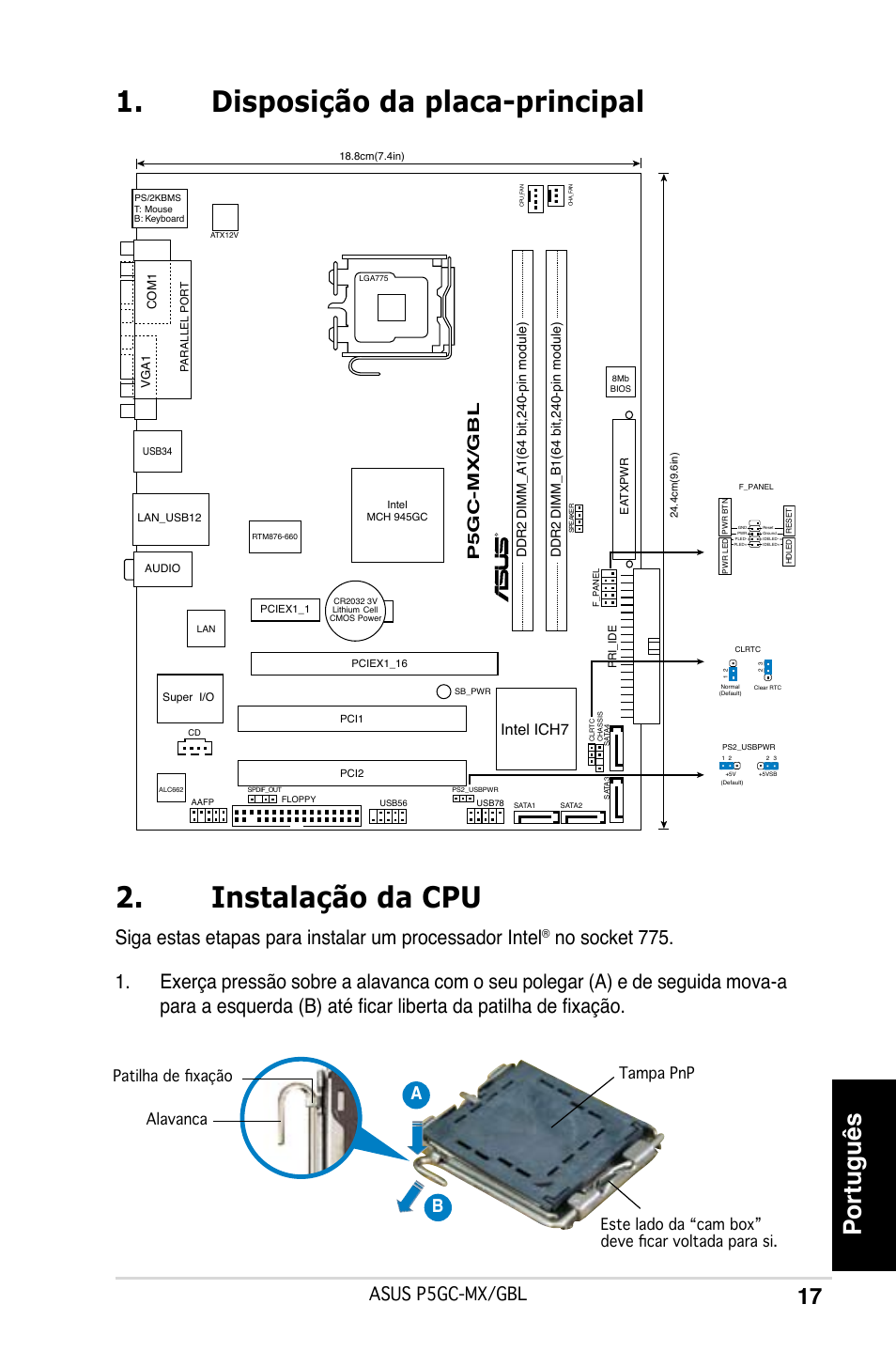 Disposição da placa-principal 2. instalação da cpu, Português, Asus p5gc-mx/gbl | Ab b, P5gc-mx/gbl, Intel ich7 | Asus P5GC-MX/GBL User Manual | Page 17 / 38